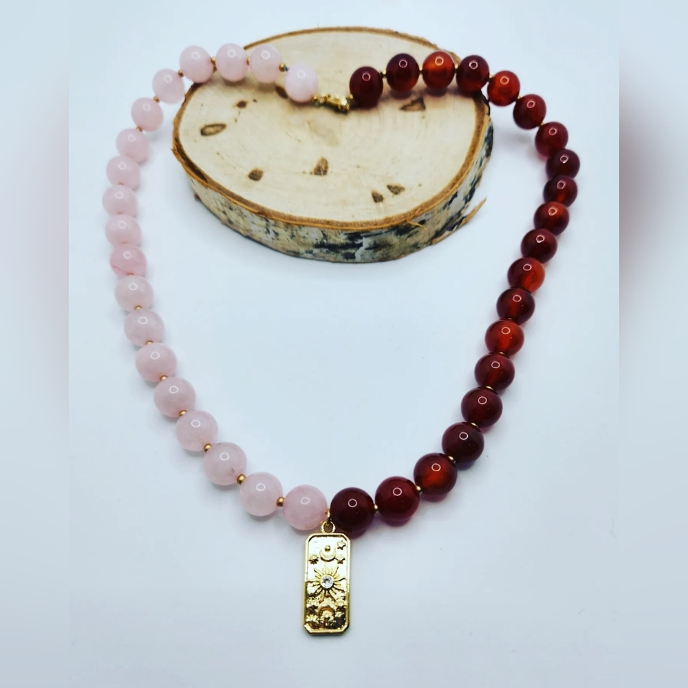 Rose Quartz, Red Agate, Sun Charm necklace 10 mm